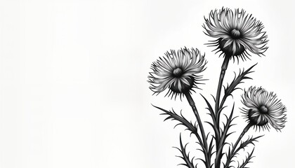 Fototapeta premium Detailed botanical drawing of wild thistle flowers. Elegant black, white illustration. Detailed sketch of field plant with thorns. Vintage style botanical etching. Detailed view of blooming thistle