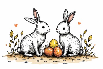 Two Rabbits and Three Easter Eggs Illustration