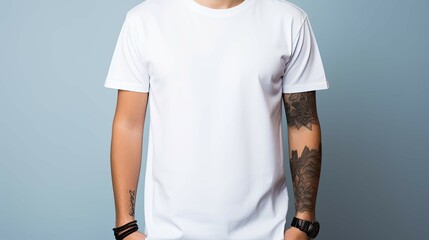 A man with a white shirt and tattoos on his arm
