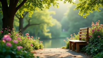 Naklejka premium Garden Bench. Empty wooden park bench near pink flowers on sunny green