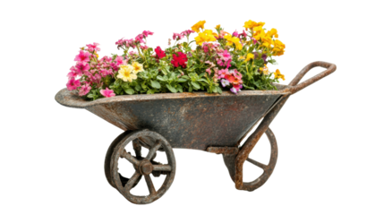 Wooden cart with flowers transparent background