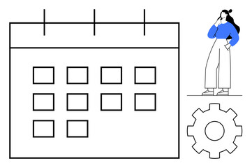 Woman with hand on chin standing next to large calendar and gear icon. Ideal for planning, scheduling, organization, productivity, decision making, problem solving, and task management. Minimalist
