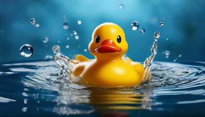 cute rubber ducky floating in tranquil water with splashing ripples