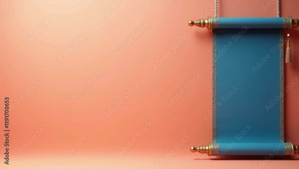 Poster rich blue ancient scroll on right. soft blue background. copy space for text, 3d render ai generated
