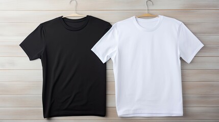 Two t-shirts hanging on a wooden wall, one black and one white