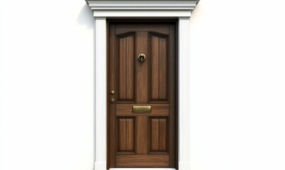 Dark wood door, white frame, classic design.