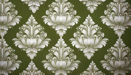 Fototapeta premium white floral damask pattern on olive green background damask floral pattern wallpaper