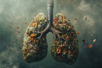 Realistic lungs entangled in smog and dust particles representing air pollution and environmental impact on health. Generative AI