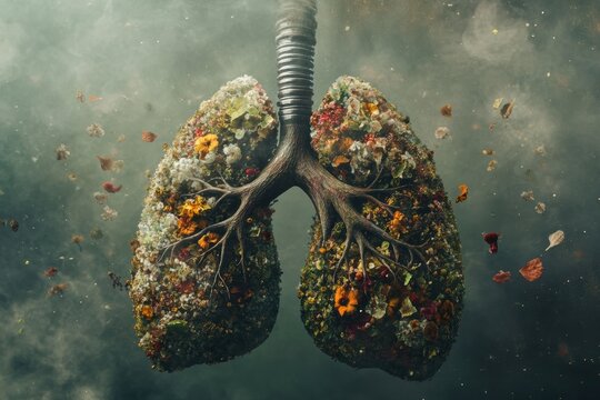 Realistic lungs entangled in smog and dust particles representing air pollution and environmental impact on health. Generative AI