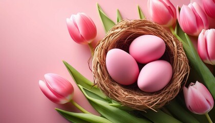 pink easter eggs in a nest with tulips surrounding colorful pink eggs are arranged in a nest surrounded by vibrant tulips creating a festive easter atmosphere