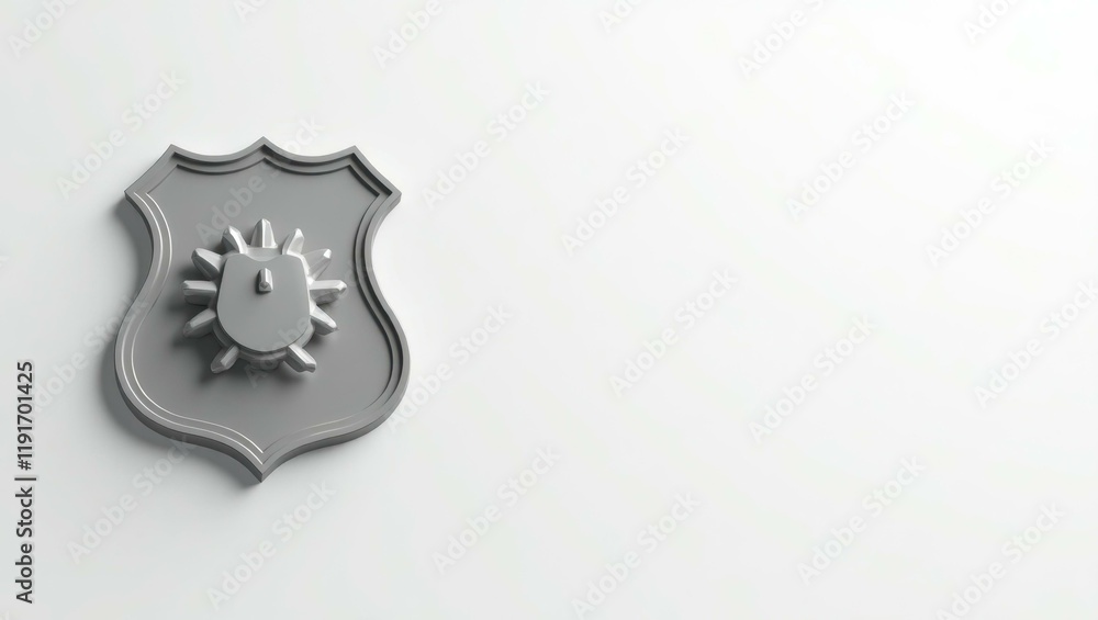 Poster pebble gray police badge on left. soft green background. copy space for text, 3d render ai generated