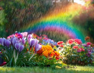 magical garden vibrant flowers under rain and rainbow glow april showers