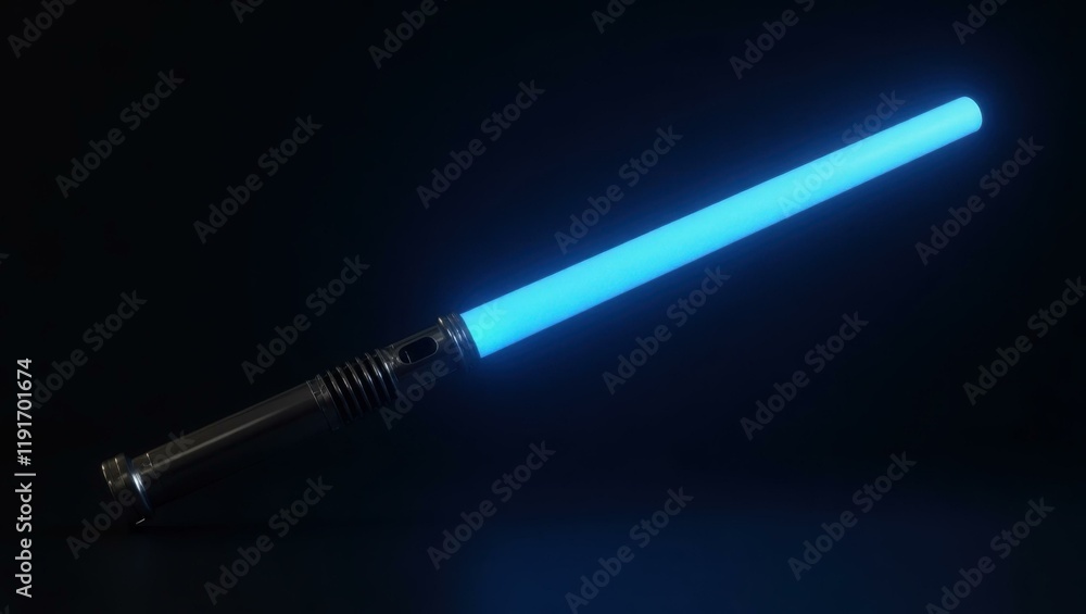 Poster blue lightsaber on right. soft yellow background. copy space for text, 3d render ai generated design