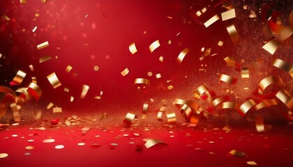 red and gold confetti explosion on vibrant red background for celebrations and festive events