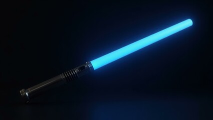 Fototapeta premium Blue lightsaber on right. Soft yellow background. Copy space for text, 3D render AI Generated Designer Element