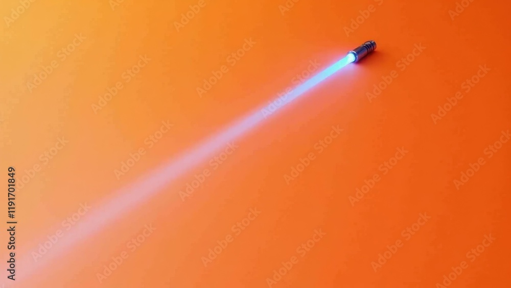 Poster blue lightsaber on left. soft orange background. copy space for text, 3d render ai generated designe