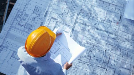 A detailed view of a civil engineer in a hard hat inspecting blueprints at a construction site, Engineering inspection scene, Technical expertise style