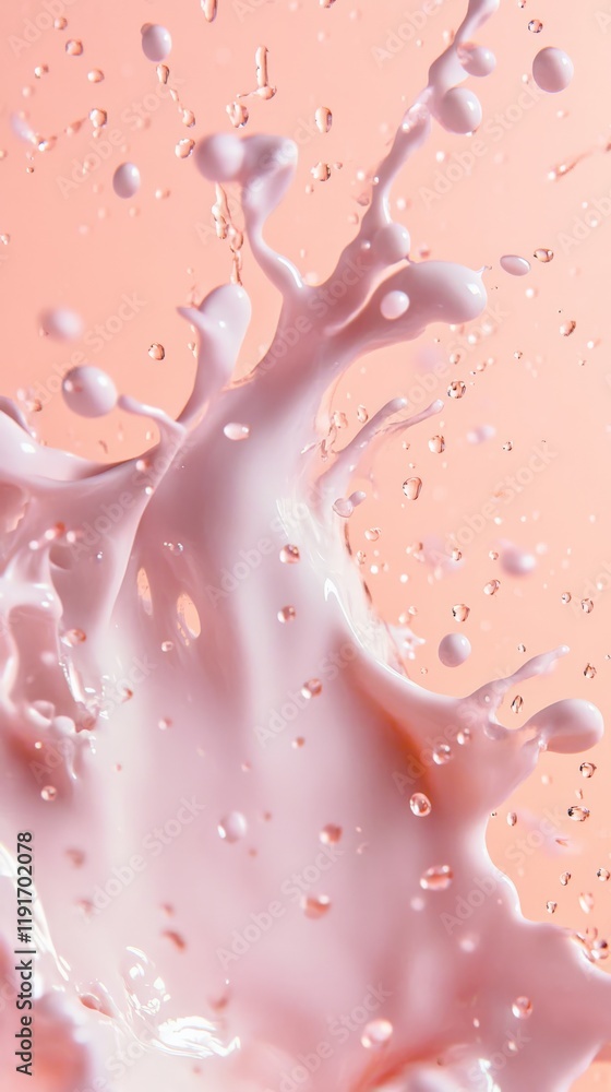 Poster pink liquid dynamically splashing against a vibrant coral backdrop, creating an eye catching visual 