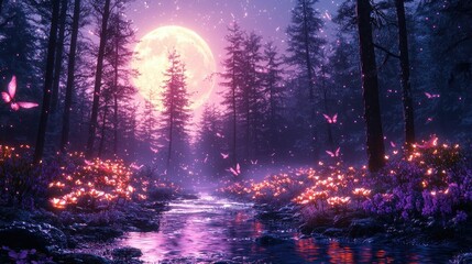 Enchanting Moonlit Forest River With Butterflies And Glowing Flowers