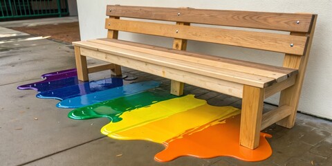 Wooden bench with colorful paint splashes creating a vibrant outdoor art installation in a public space
