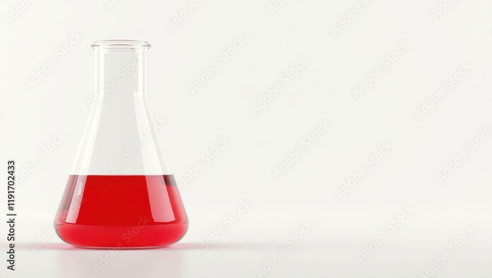 Poster rich scarlet red laboratory beaker on right. soft purple background. copy space for text, 3d render 