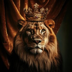 Regal lion portrait showcasing majesty with a golden crown set against a rich backdrop. Generative AI