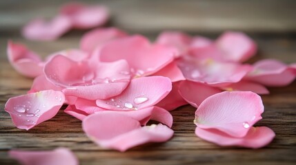 Pink rose petals with dewy drops in dreamy macro shot