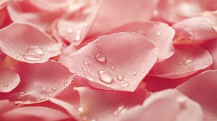 Pink rose petals with dewy drops in dreamy macro shot