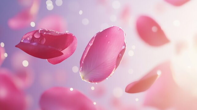 Pink rose petals with dewy drops in dreamy macro shot