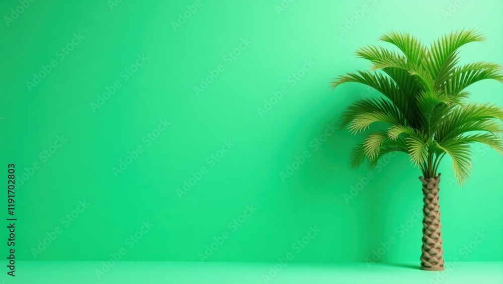 Aufkleber emerald green palm tree on right. soft purple background. copy space for text, 3d render ai generate