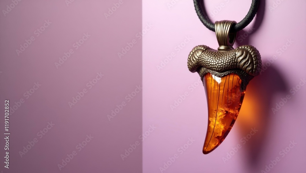 Poster amber saber tooth pendant on left. soft green background. copy space for text, 3d render ai generate