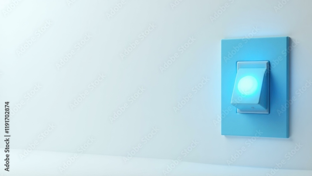 Poster azure blue light switch on left. soft red background. copy space for text, 3d render ai generated de