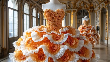 Elegance Comes Alive &mdash; A Dior Flower Dress Adorned with Golden Roses & Daisies in a Luxurious Gold Exhibition Hall