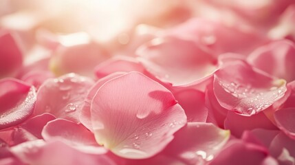Obraz premium Pink rose petals with dewy drops in dreamy macro shot