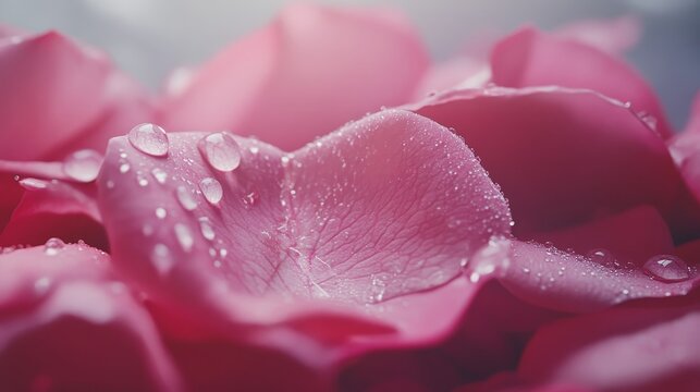Pink rose petals with dewy drops in dreamy macro shot