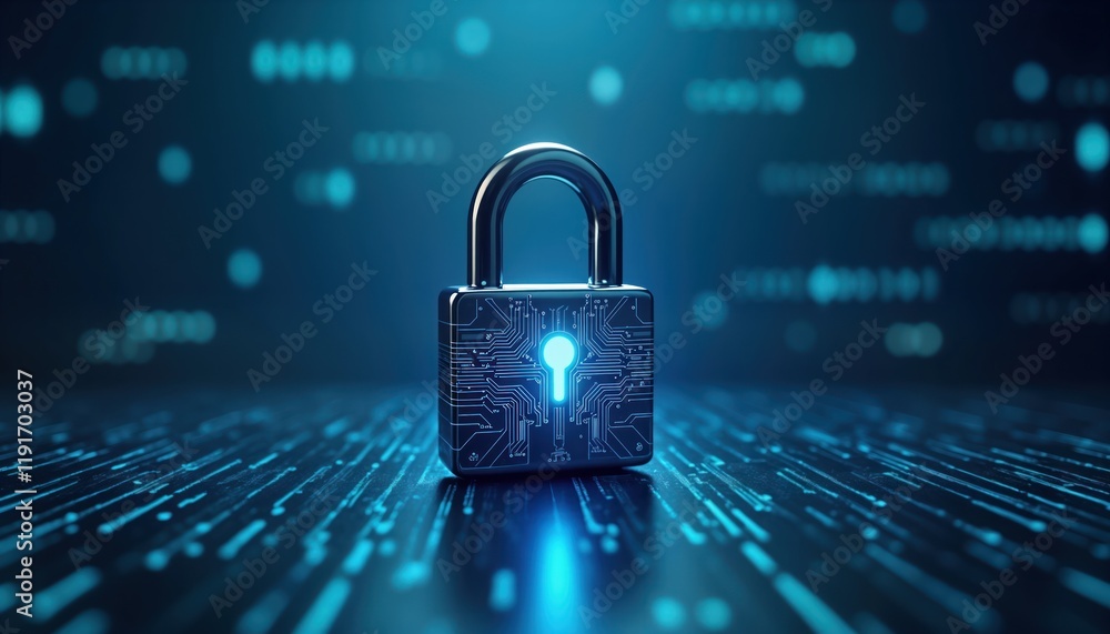 Poster illuminated padlock on textured blue background represents digital security concept. modern lock sho