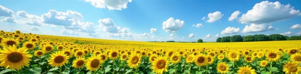 sunflower field landscape with blue sky and fluffy clouds, landscape photography, sunflowers