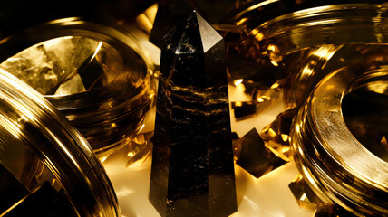 A polished obsidian obelisk surrounded by golden metallic rings, illuminated with soft, diffused light, creating a sleek and luxurious focal point for modern and sophisticated interiors.
