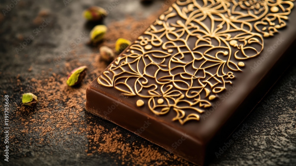 Poster pistachio filled chocolate bar with intricate arabesque patterns and golden details. generative ai