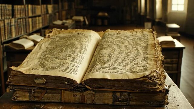 Old manuscript open on a wooden table in a quiet library filled with ancient books