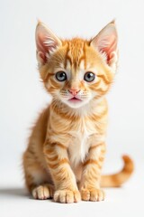 Fototapeta premium Tiny orange tabby kitten, alert pose, pure white backdrop, white, isolated