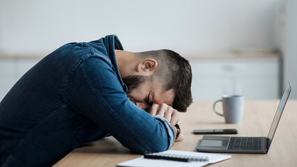 Problems at work, mistake, fatigue, dismissal, stress and overwork. Sad depressed tired millennial...