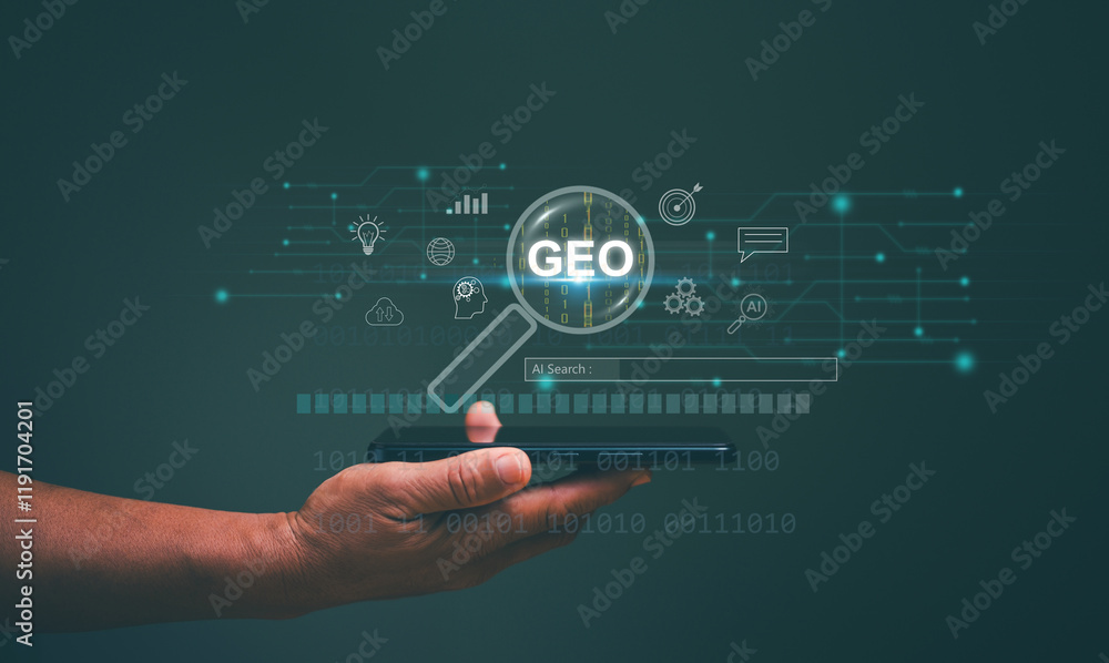 Fototapete Generative Engine Optimization (GEO) concept. Ai smart search. Businessman use generative engine optimization on smartphone for view search results from internet network.