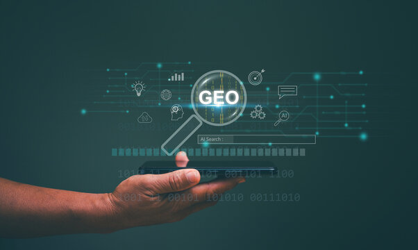 Generative Engine Optimization (GEO) concept. Ai smart search. Businessman use generative engine optimization on smartphone for view search results from internet network.