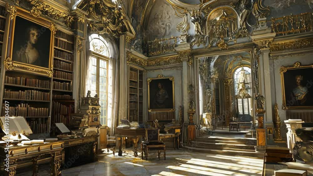 Poster elegant historic library with ornate architecture and soft light streaming through large windows