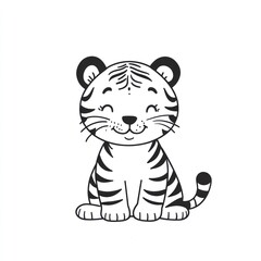 Happy tiger cub sitting, white background, children's illustration, perfect for kids' books