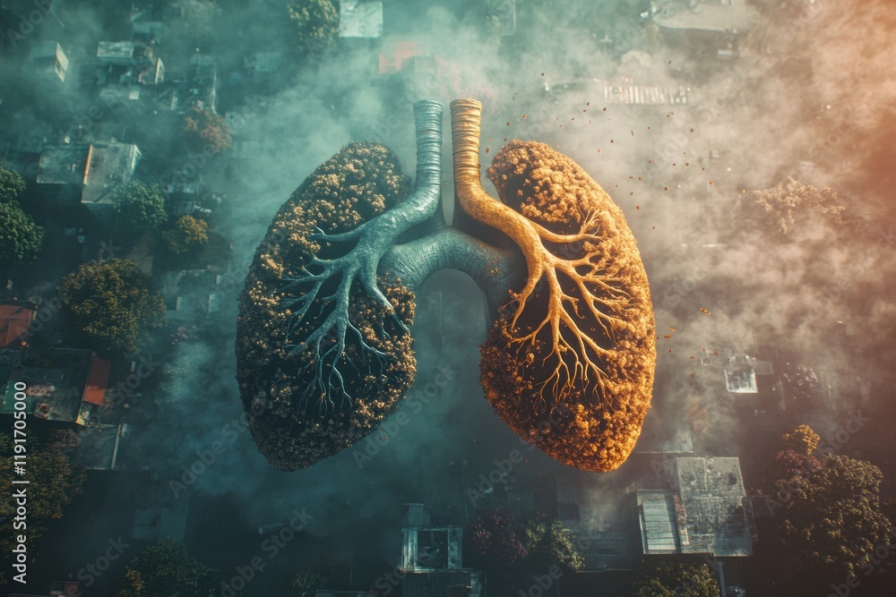 Poster realistic depiction of lungs surrounded by smog and dust particles showcasing air pollutions impact 