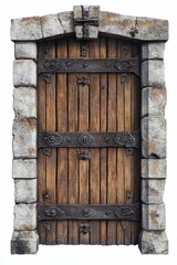 Aged wooden door, stone frame, iron bands.