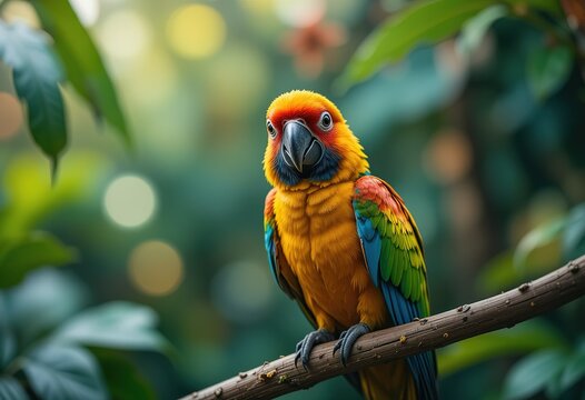 A vibrant sun conure parrot perched on a branch