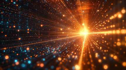 Fototapeta premium Abstract tech background showcasing digital particles explosion, quantum core, computing network system, AI, and global data connections with blurred bright light tone and caption space on the side